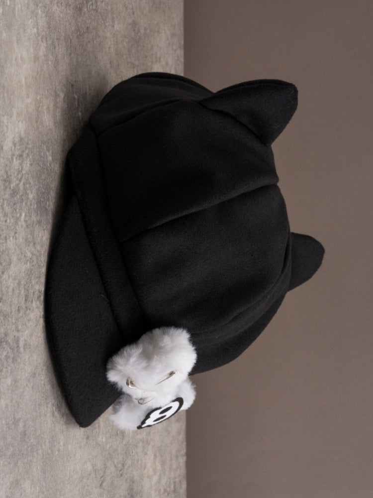 Black Applique Beret Pin Gothic Hat Bone Ear Skeleton Plush Decorated Design Cat