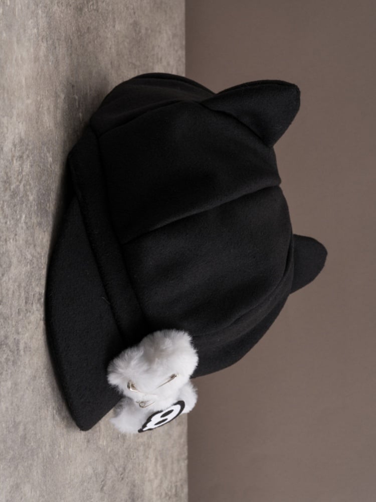 Applique Beret Bone Pin Cat Hat Plush Skeleton Design Decorated Ear Gothic Black