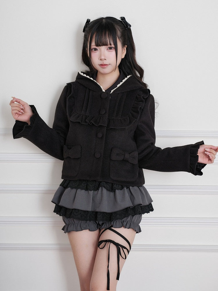 Black Jirai-Kei Wool-Blend Short Hooded Jacket, Ruffled Detail - No Genki