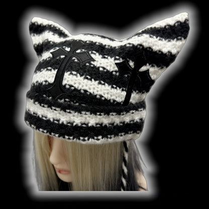 Black and White Cross Appliques Cat Ears Striped Beanie