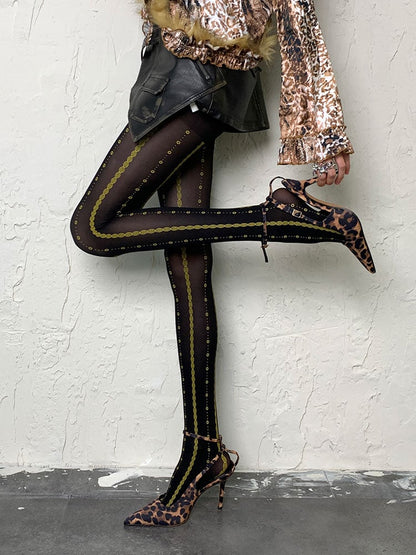 パンクなブラックY2Kプリントデザインタイツ
