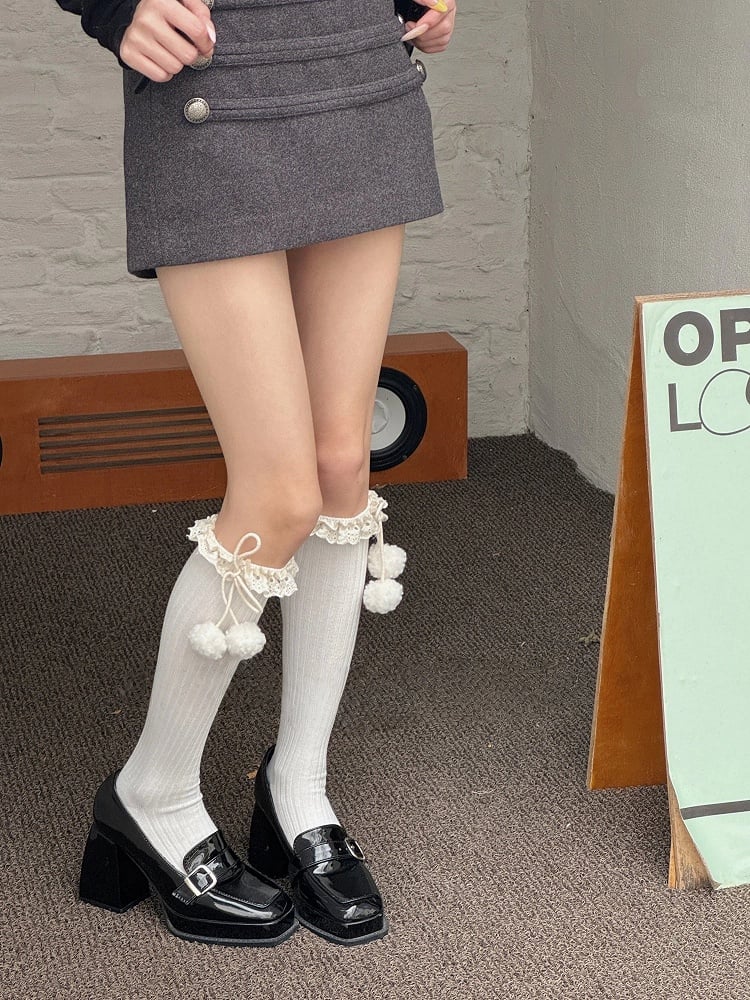 Over-the-Knee Stockings with Cuffs Pom-Pom Ribbed Lace