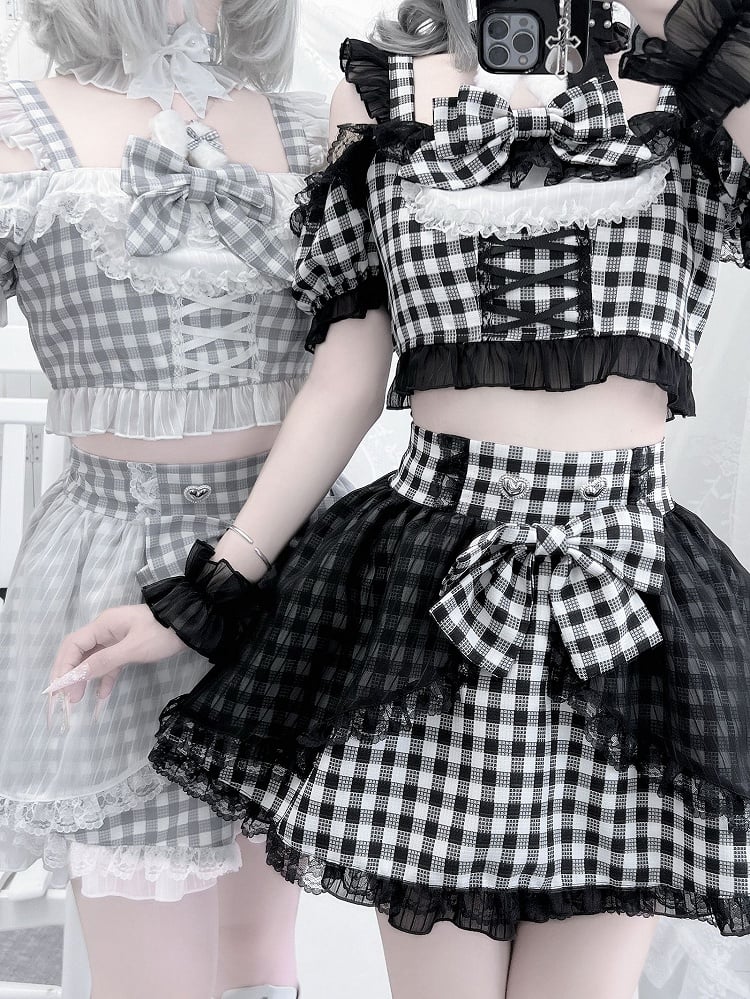 Plaid Idol Design Neckline Bowknot+ Set- Off-the-shoulder Choker High Waist Top Jirai Kei Gray + Bunny Skirt+ Ears
