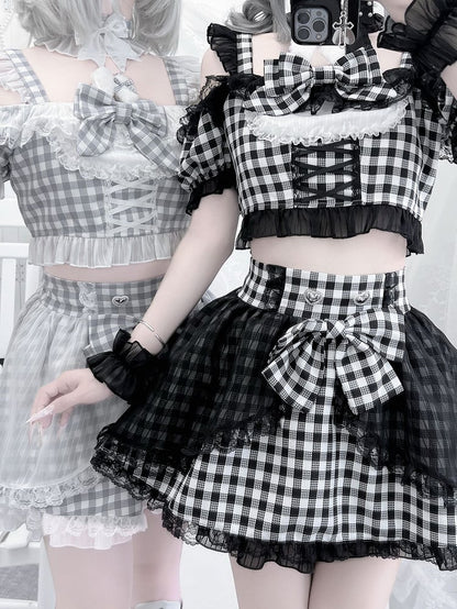 Off-the-shoulder Choker Bowknot+ Design Bunny Waist Plaid Idol High Neckline Skirt+ Set- Ears + Top Jirai Kei Black