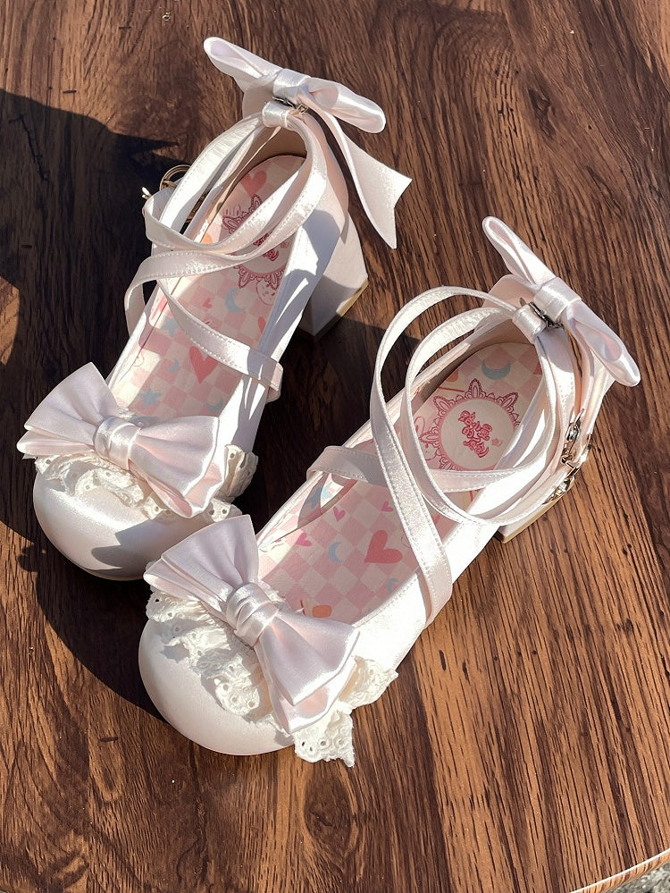 Bow Heel Lolita Satin Heeled Champagne Hime Shoes 5cm Detachable with
