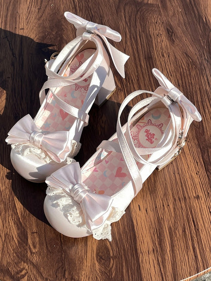 Bow Heel Lolita Satin Heeled Champagne Hime Shoes 5cm Detachable with