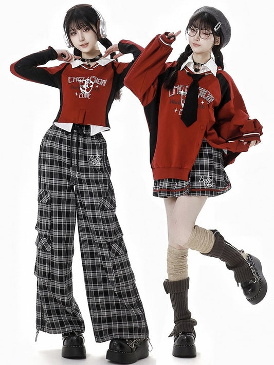 Schwarze und graue Cargo-Taschen mit Buchstaben-Design und Karomuster