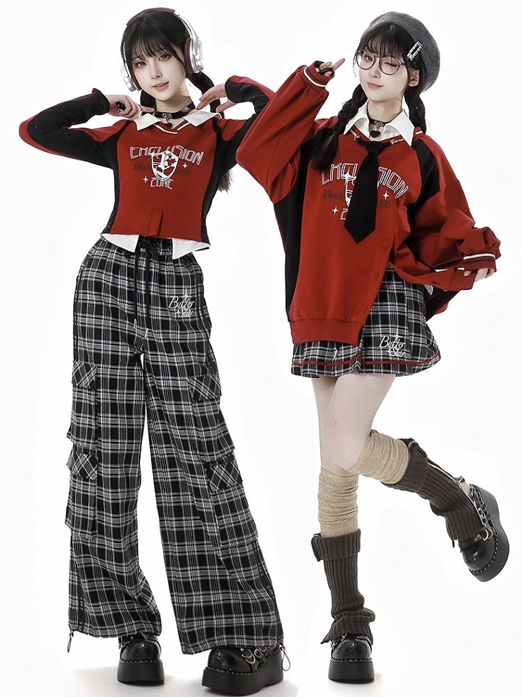 Red Fake Two-piece Design V-neck Cropped Sweatshirt