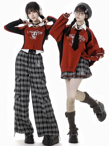 Black and Grey Letters Plaid Pleated Skirt Drawstring Waist