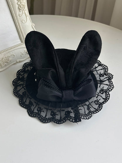 Rabbit Ear Lace Mini Hat with Bow - Black - With PUJI