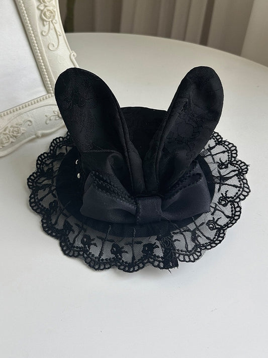 Rabbit Ear Lace Mini Hat with Bow - Black - With PUJI