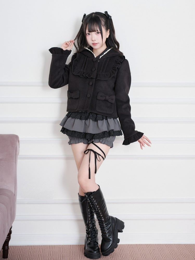 Black Jirai-Kei Wool-Blend Short Hooded Jacket, Ruffled Detail - No Genki