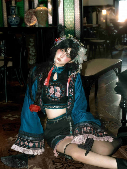 Sleeves Sleeveless Ouji Lolita Floral Chinoiserie + - Cropped Long Outfit Embroidery Shorts Style Top
