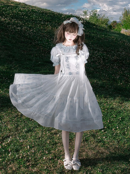 Sleeveless Tie Strap Shell Embroidered Dress in White and Blue - Yimu Walnut
