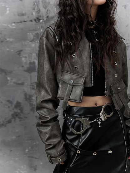 Punk Accent Gray Distressed Pocket - Jacket Cropped Dark Design