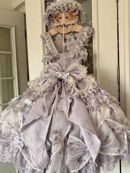 Hime Lolita Purple Dress Bows Halter with Lace Multiple Floral Neck Print Ruffles and