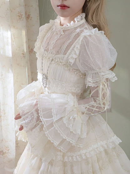 Tulle White with Sleeves Creamy Detachable Blouse Dotted Puff