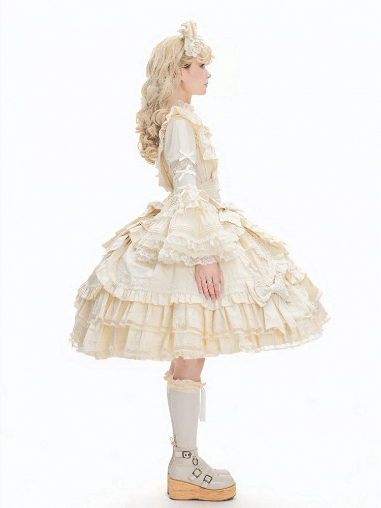 Akzentkleid Beige, mehrlagiger Saum unter Rüschen, süßes Lolita-Kleid mit Schleife an der Brust