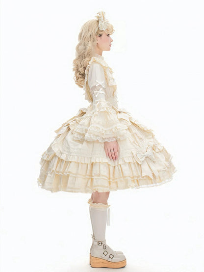 Akzentkleid Beige, mehrlagiger Saum unter Rüschen, süßes Lolita-Kleid mit Schleife an der Brust