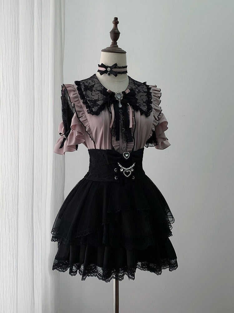 Jirai Kei Black & Pink Lace Cutout Shoulder Short Sleeve Ruffle Blouse - Ekomi