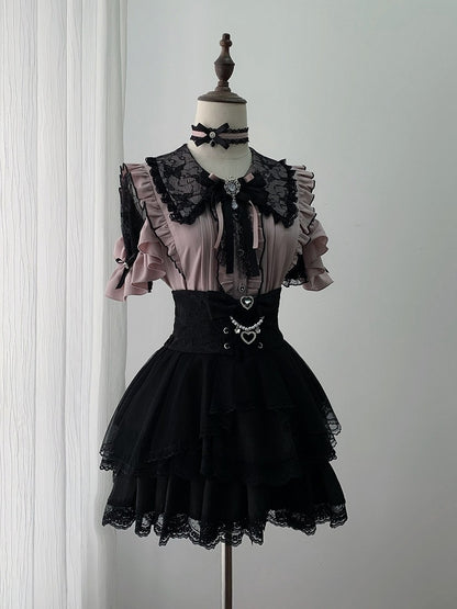 Jirai Kei Black & Pink Lace Cutout Shoulder Short Sleeve Ruffle Blouse - Ekomi