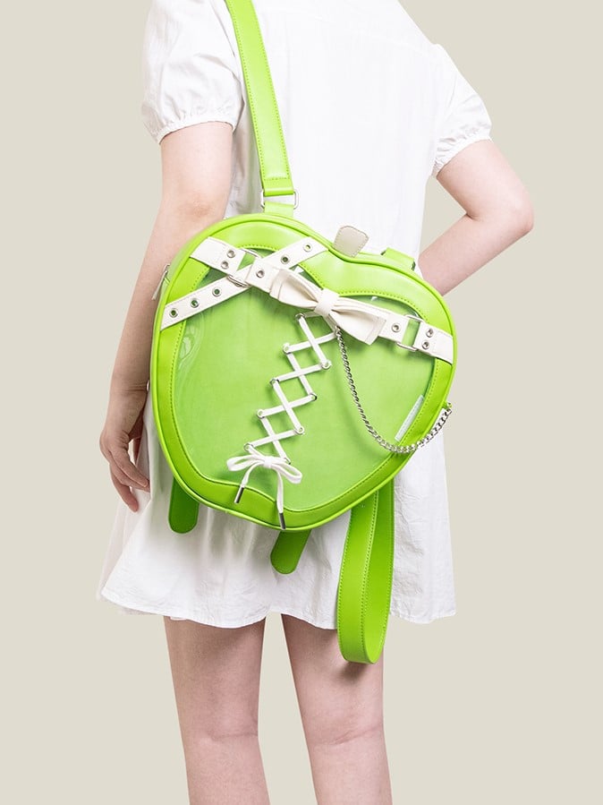 Belt And Bow Accents Chic Green Apple-Shaped Ita Backpack With White
