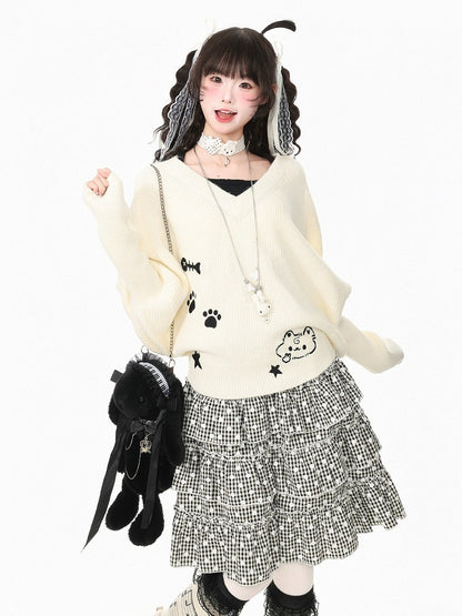 Apricot Two-Piece Look Batwing Sleeve Sweater with Kitten Themed Embroidery - Languid Park