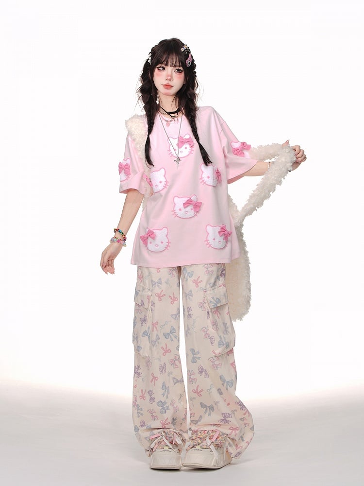 Pants Beige Cargo Wide-leg Pattern Pockets Cut Bowknot