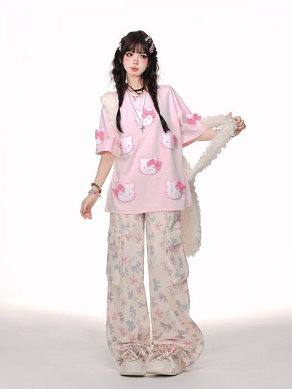 Pants Beige Cargo Wide-leg Pattern Pockets Cut Bowknot