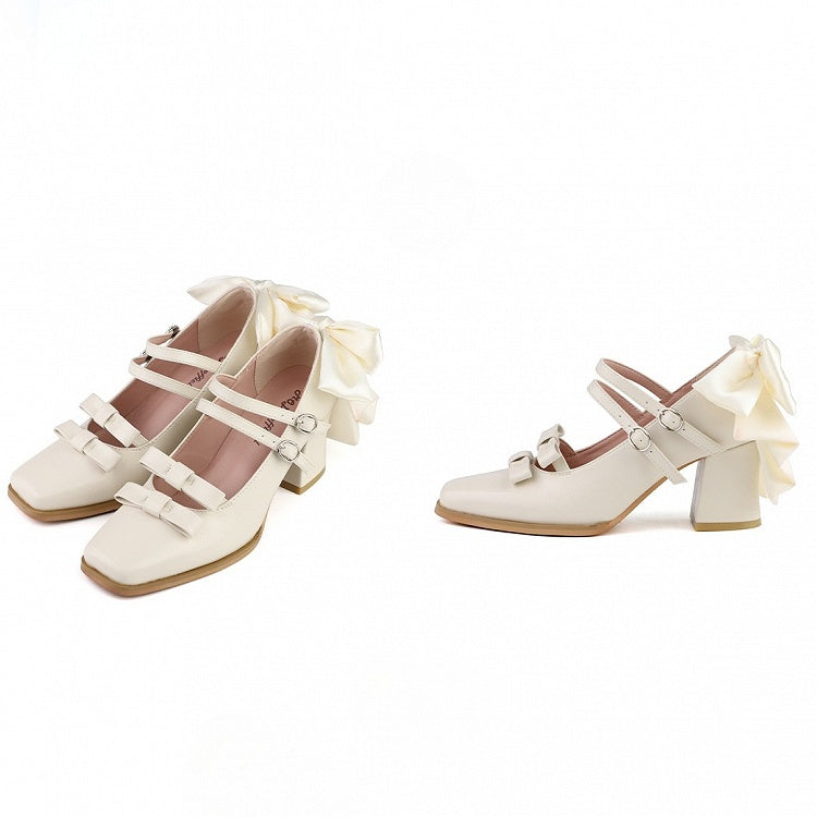 Shoes Bow White Toe Dual Accents Square Block - Elegant High Heel Buckles