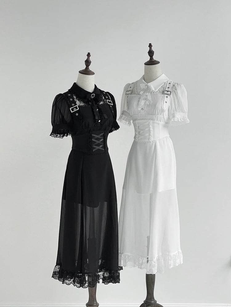 Illusion Black Neckline Dress Free Corset Jirai Buckle with Belt Adorned Kei Long