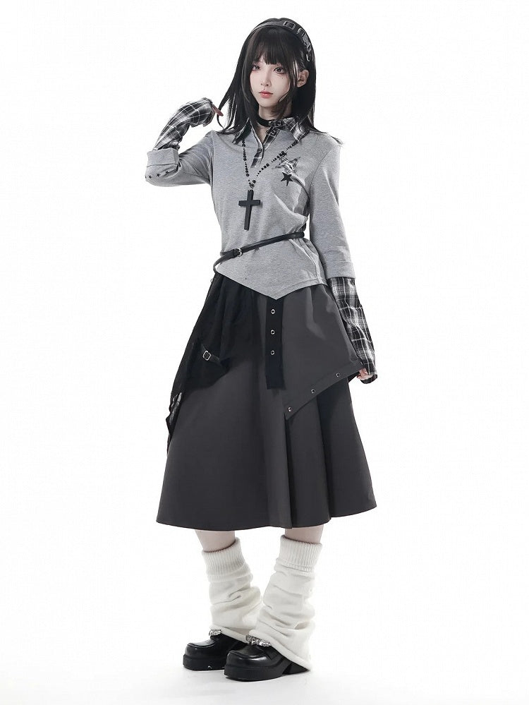 Pleated Metal and Hem with Waist Asymmetrical Elastic Studs Skirt Grey
