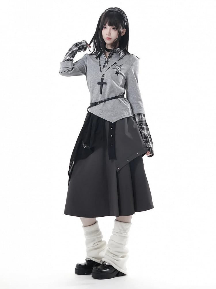 Collar Shirt Preppy Top Gray with Taste