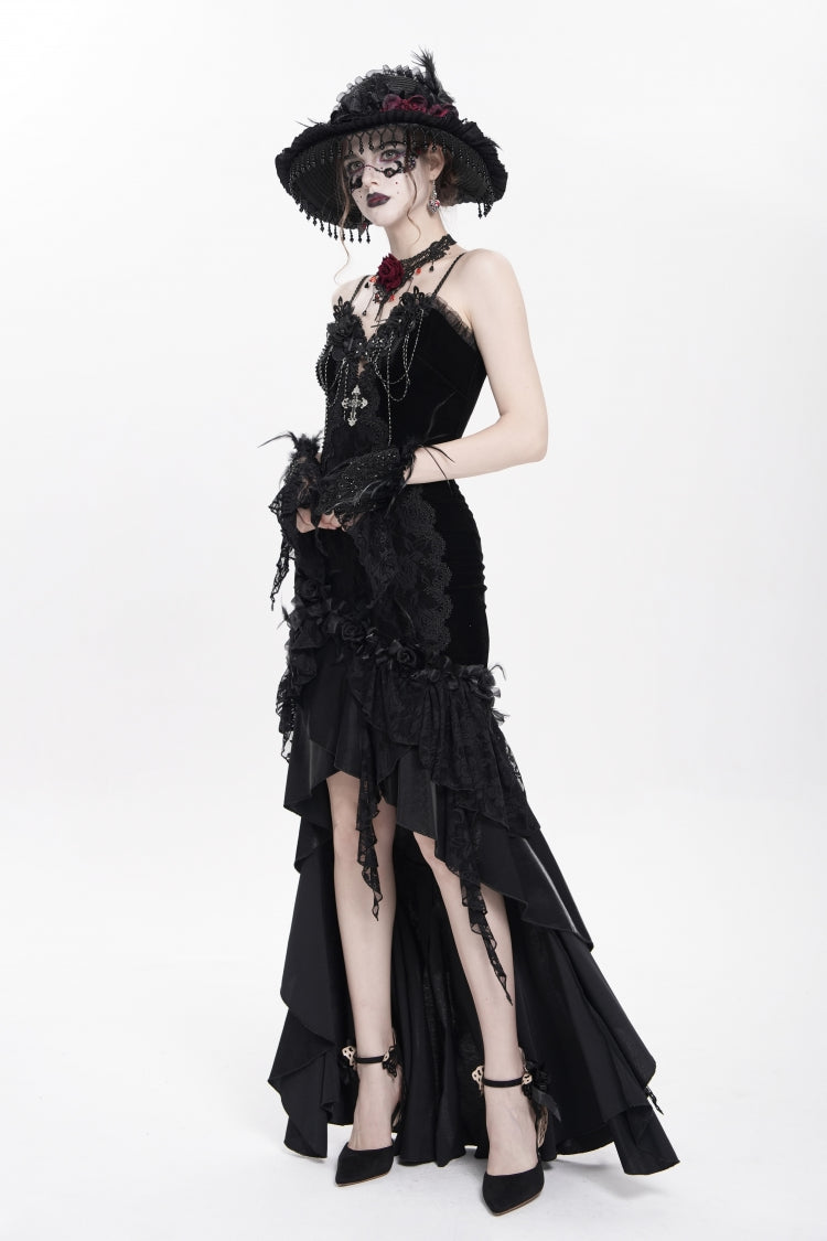 Black Cross Ruffled Floral Embroidered Chain Gothic Slip Dress