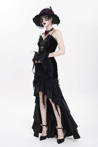 Black Cross Ruffled Floral Embroidered Chain Gothic Slip Dress