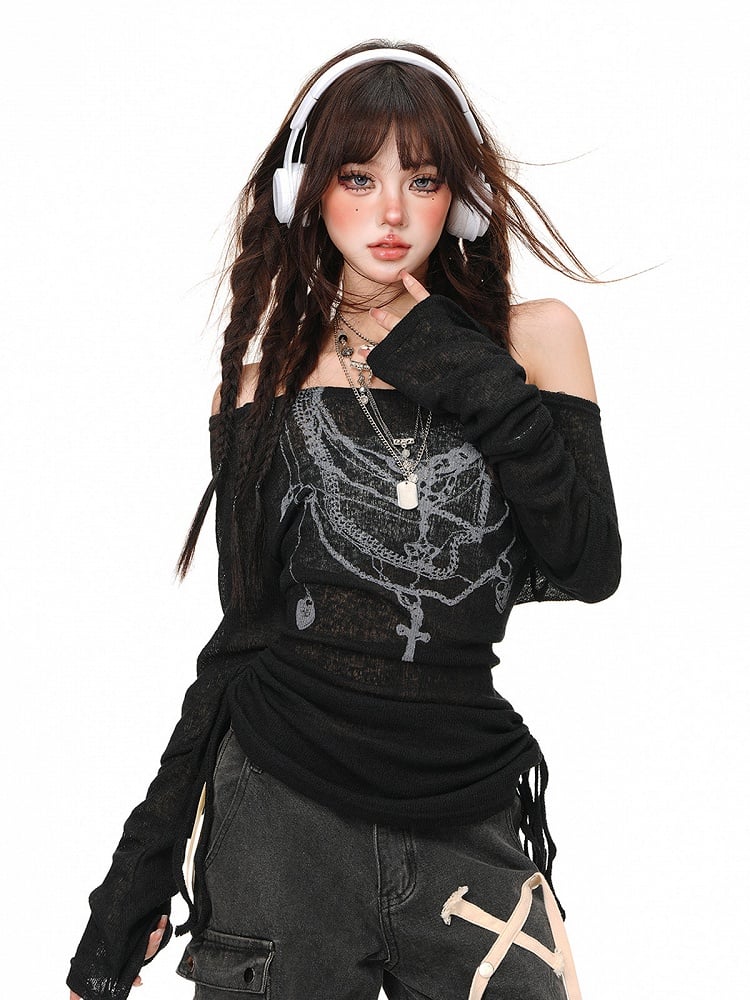 Black Graffiti Drawstring Semi-Sheer Blouse - Kelly Kitty