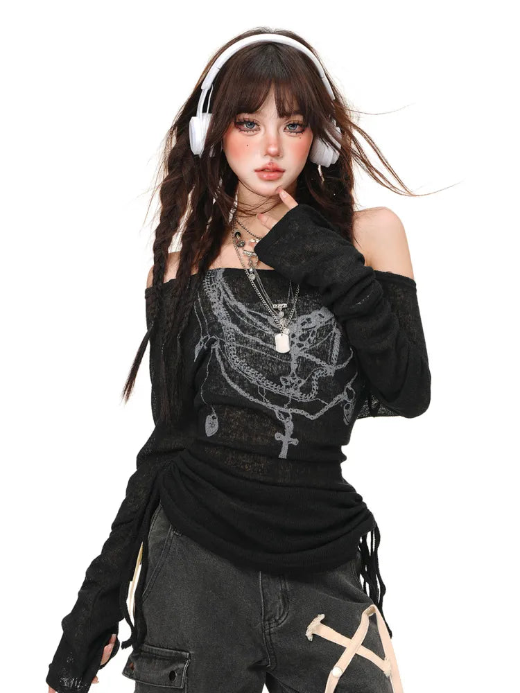 Top Graffiti Weiß/Schwarz Halbtransparenter Kordelzug in der Taille