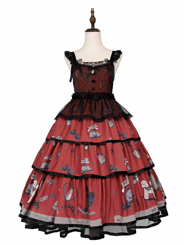 子犬と電話のプリントのティアードスカート ブラックとレッドのスイートロリータジャンパースカート