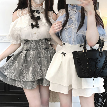 コントラストオープンパッチケイレースブラウスジライホワイト/ピンク/ブルーショルダー