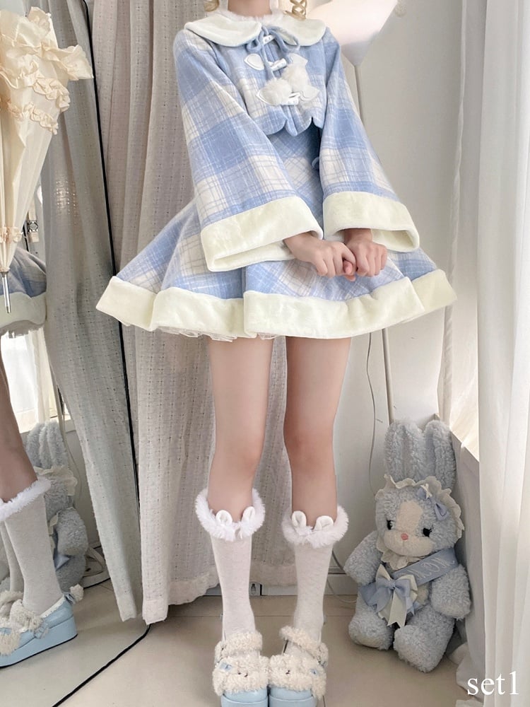 für Kleid Blau Herbst und gepaart mit Besticktem Wintermantel Süße Lolita Plaid Kirsche