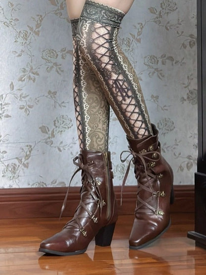 PU Dual with Leather Brown Steampunk Closure - Lace-Up Pointed Zip Toe Boots Ankle Inner