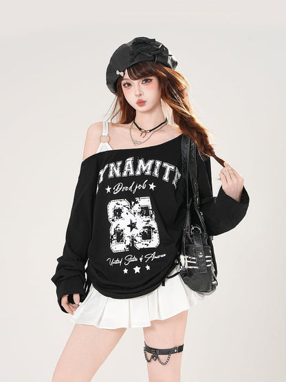 Seitlicher asymmetrischer Ausschnitt mit Zahlen- und Buchstabendruck und Kordelzug