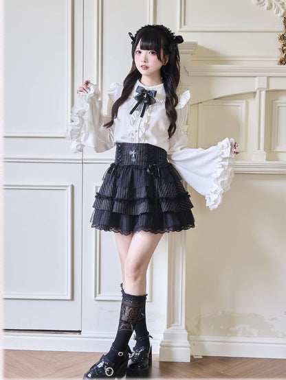 Jirai Kei Peter Collar Bowknot Sleeves Ruffled Lace Gothic Lolita Pan Trim White Blouse with Detachable Bell