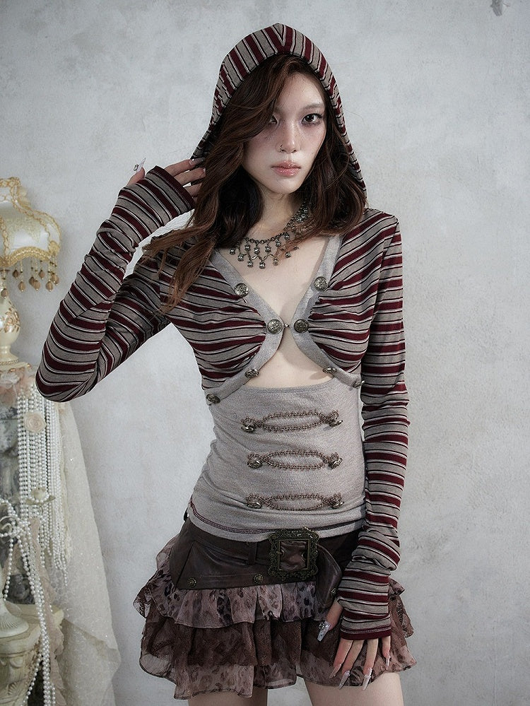 Red & Brown Striped V-Neck Hooded Knit Top with Long Sleeves & Faux Two-Piece Punk Style - NO ROMANCE