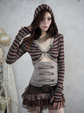 Red & Brown Striped V-Neck Hooded Knit Top with Long Sleeves & Faux Two-Piece Punk Style - NO ROMANCE