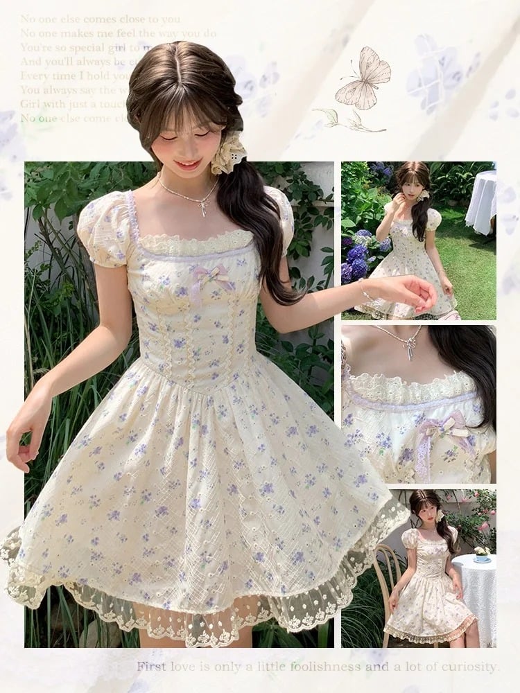 Mori Kei Blumenkleid Beige, quadratischer Ausschnitt und kurze Puffärmel