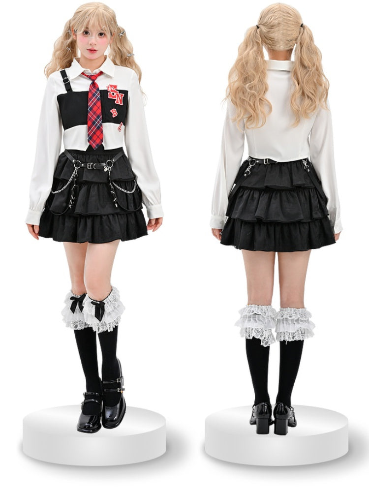 チェック柄ホワイトブラックスタイルバックルプレッピーレターアップリケストラップタイシャツ