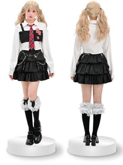 チェック柄ホワイトブラックスタイルバックルプレッピーレターアップリケストラップタイシャツ