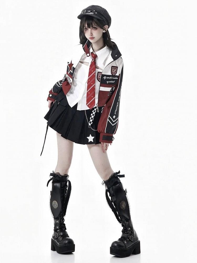 Red Cropped Embroidered Zipper Applique Jacket Moto-Inspired Accents with White