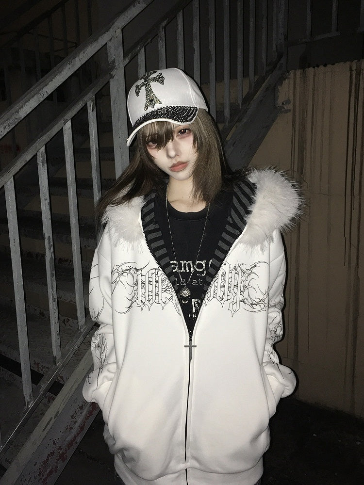 White Y2K Spring Hooded Jacket with Detachable Fur Collar and Black Floral - Alita26SS